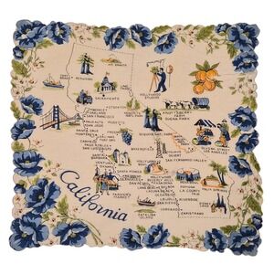 Vintage California Souvenir Map Handkerchief Blue Poppy Scalloped Edge 13.5in